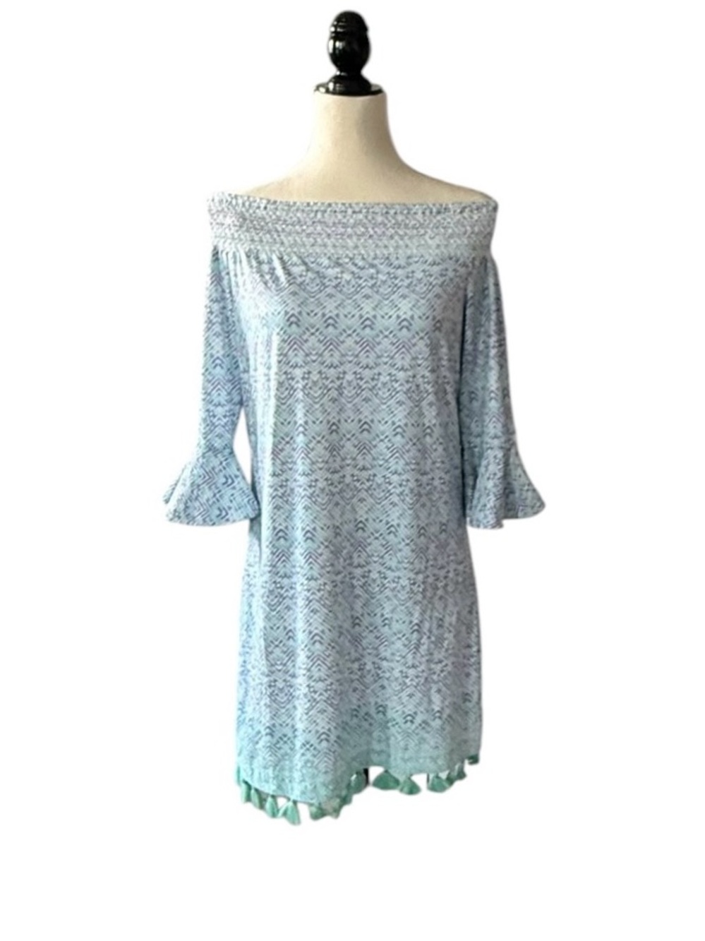 NWT Cabana Life Naples Off Shoulder Tasseled Shift Dress Green & Blue Medium